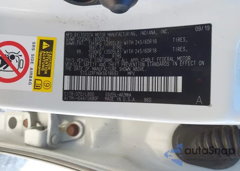 2019 Toyota Highlander Xle из США, поврежденный, VIN 5TDJZRFH6KS618693